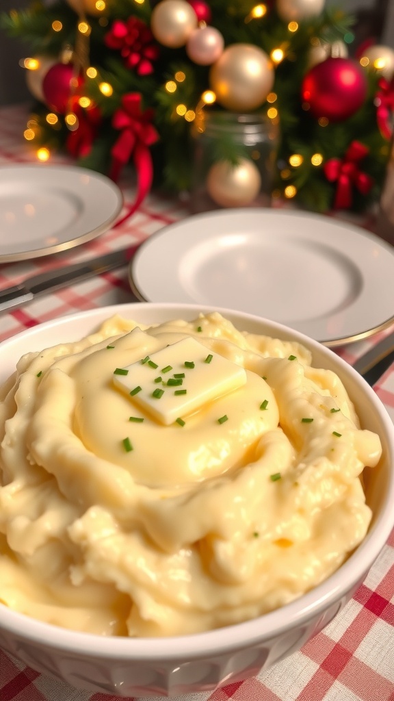 Creamy mashed potatoes with butter and chives in a festive holiday setting.
